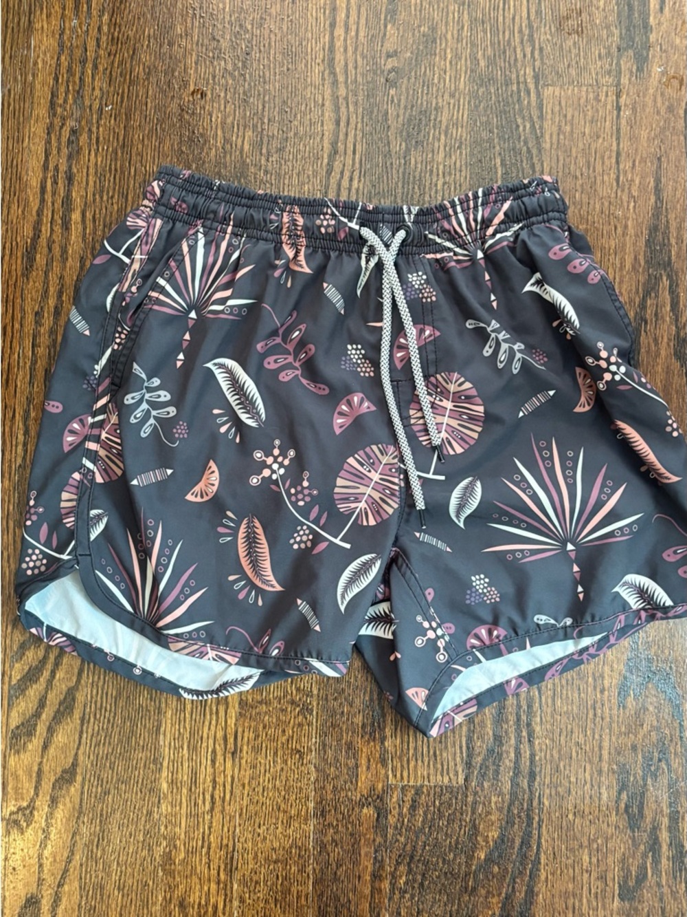 Men's Black Floral Print Swim Trunks with Drawstring small.